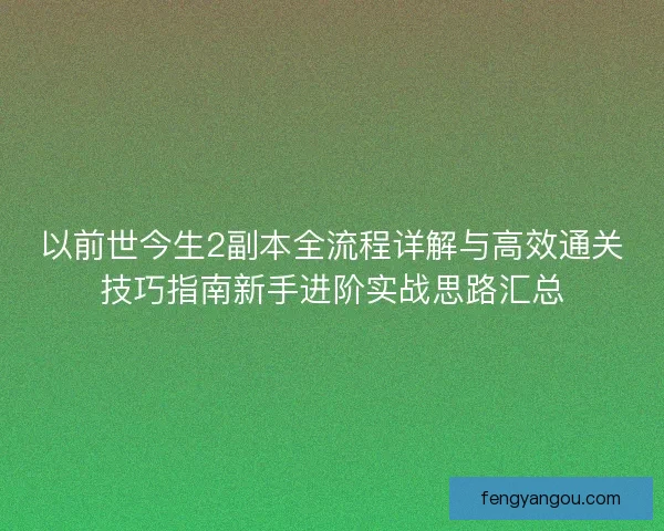 以前世今生2副本全流程详解与高效通关技巧指南新手进阶实战思路汇总